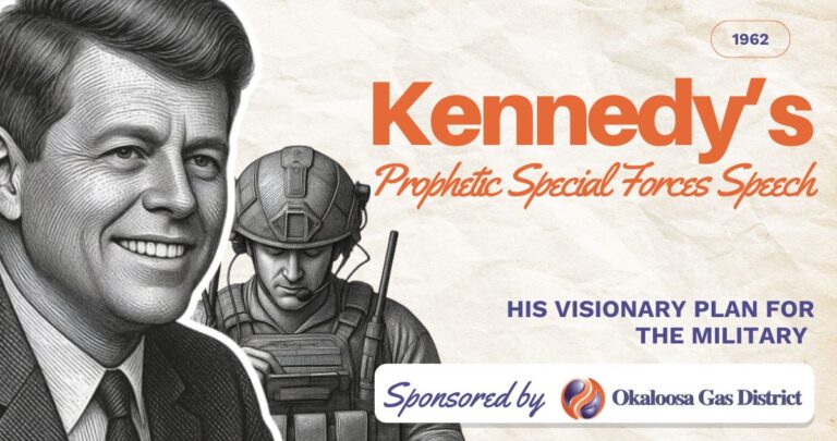 Poster-style banner with John F. Kennedy on the left and a soldier beside him; large orange 'Kennedy's' title, orange script subtitle, blue 'HIS VISIONARY PLAN FOR THE MILITARY' text, and a sponsor ribbon reading 'Sponsored by Okaloosa Gas District'.