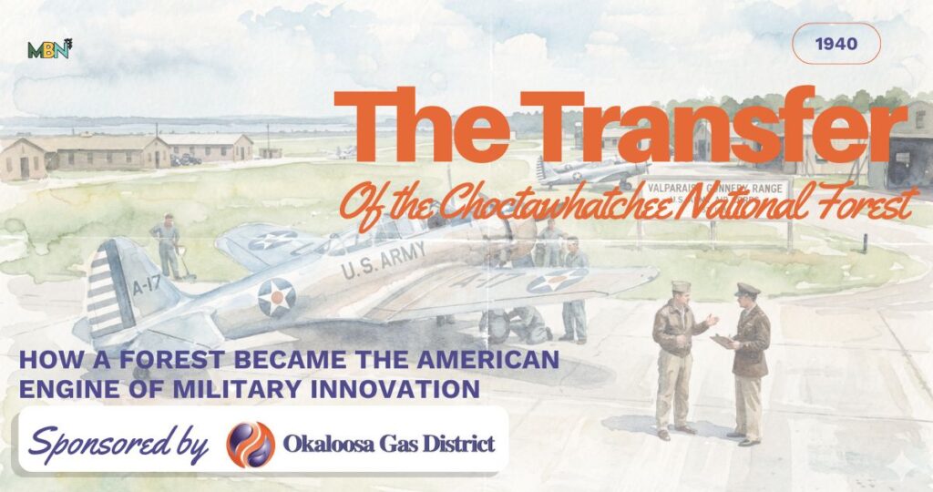 Illustrated banner for 'The Transfer of the Choctawhatchee National Forest' showing a WWII-era U.S. Army airplane on an airfield with two men conversing nearby.