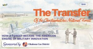 Illustrated banner for 'The Transfer of the Choctawhatchee National Forest' showing a WWII-era U.S. Army airplane on an airfield with two men conversing nearby.