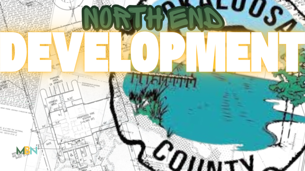 Graphic collage announcing 'North End Development' with a bold beige 'DEVELOPMENT' title over a map backdrop and turquoise water illustration, plus a small MBN logo in the corner.