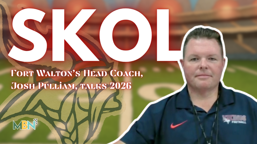 Promotional thumbnail: bold SKOL title with a portrait of Fort Walton's football head coach on the right, text about 2026 talks (no name shown).