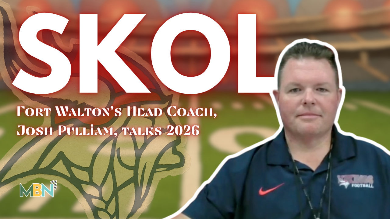 Promotional thumbnail: bold SKOL title with a portrait of Fort Walton's football head coach on the right, text about 2026 talks (no name shown).