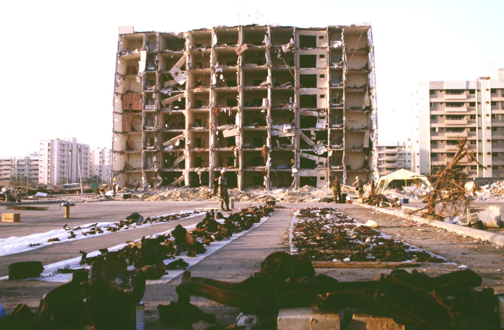 An image of the Khobar Towers after their destruction by a bomb allegedly planted by Hezbollah Al-Hejaz. 