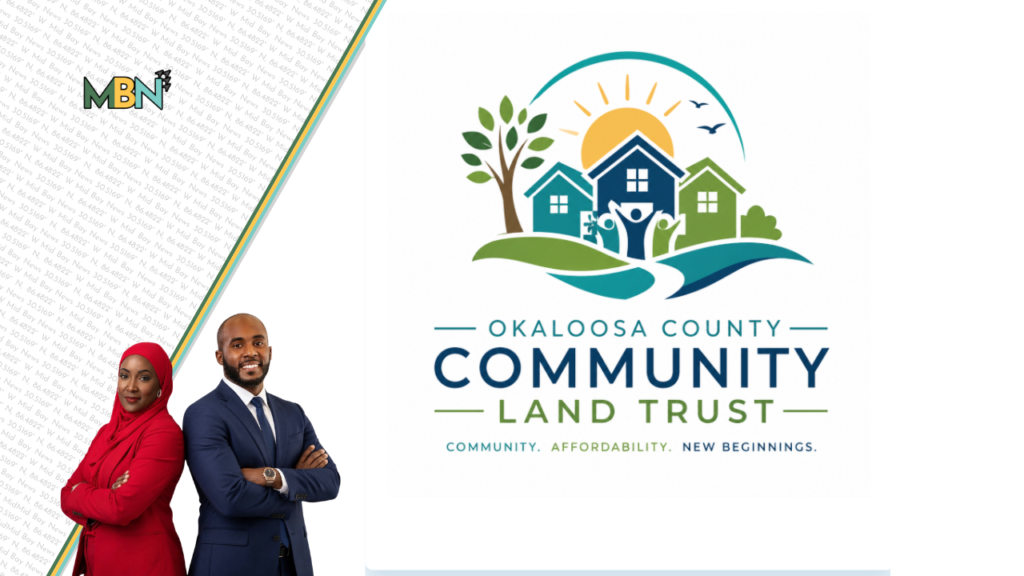 Okaloosa County Community Land Trust logo with sun, trees, and houses; two professionals in business attire stand left of the logo.