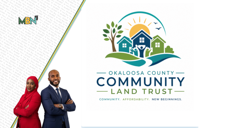Okaloosa County Community Land Trust logo with sun, trees, and houses; two professionals in business attire stand left of the logo.