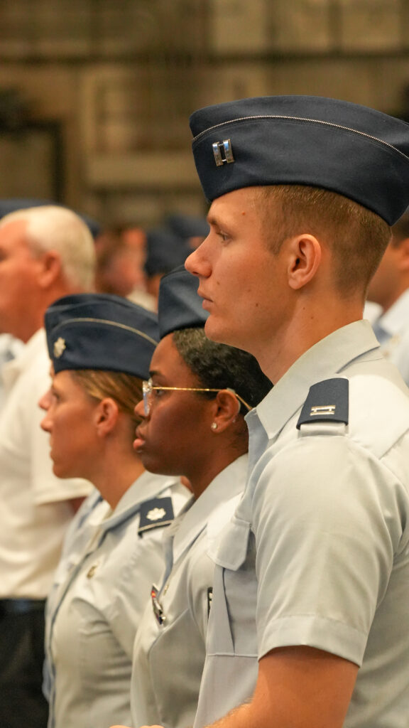 Eglin cyberspace test group airmen standard attention as a prepare for the change of command between outgoing General Mark Massaro and Incoming Colonel Chris Keithley. Keithley command the 96th test wing