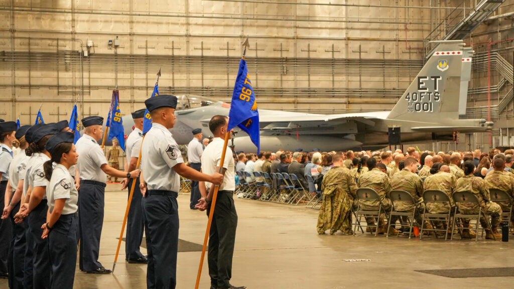 Members the 96 Test Wing staff standard attention as they are ready for the change of command ceremony for Colonel Chris Keithley on Air Force Base on June 16, 2026.