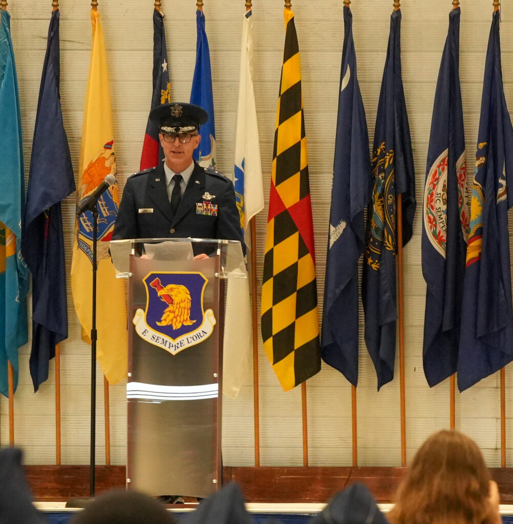 Major General Scott Cain addresses the men and women of the 96 test wing on the occasion of change of command between outgoing prettier General Mark Massaro and incoming Colonel Chris Keithley. Cain previously serviced the commander of Eglin Air Force Base's 96th Test Wing.