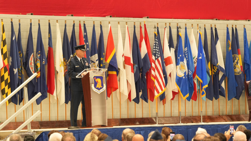 Brigadier General Mark Massaro addresses the 96 test wing for the final time as it's commander.