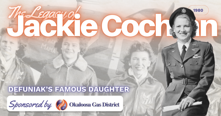 Banner featuring Jackie Cochran in a WWII-era military uniform against a faded airplane backdrop, with large orange 'Jackie Cochran' text and the subtitle 'Defuniak's famous daughter'