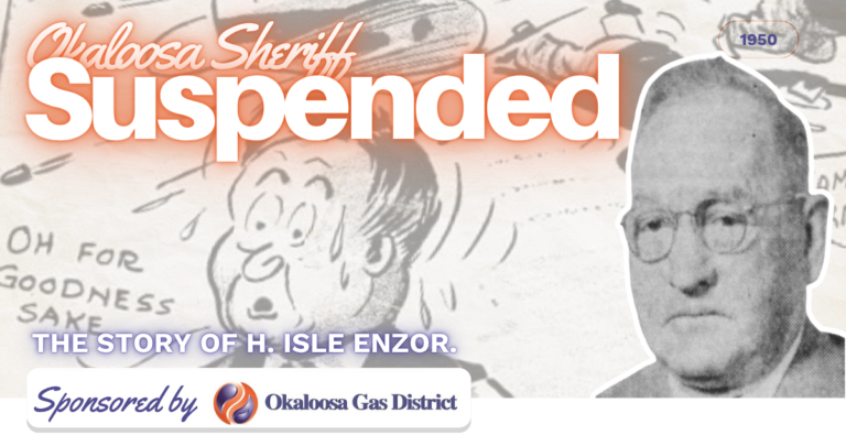 Banner announcing the Okaloosa sheriff’s suspension with a cartoon background, large 'Suspended' text, and a portrait on the right.