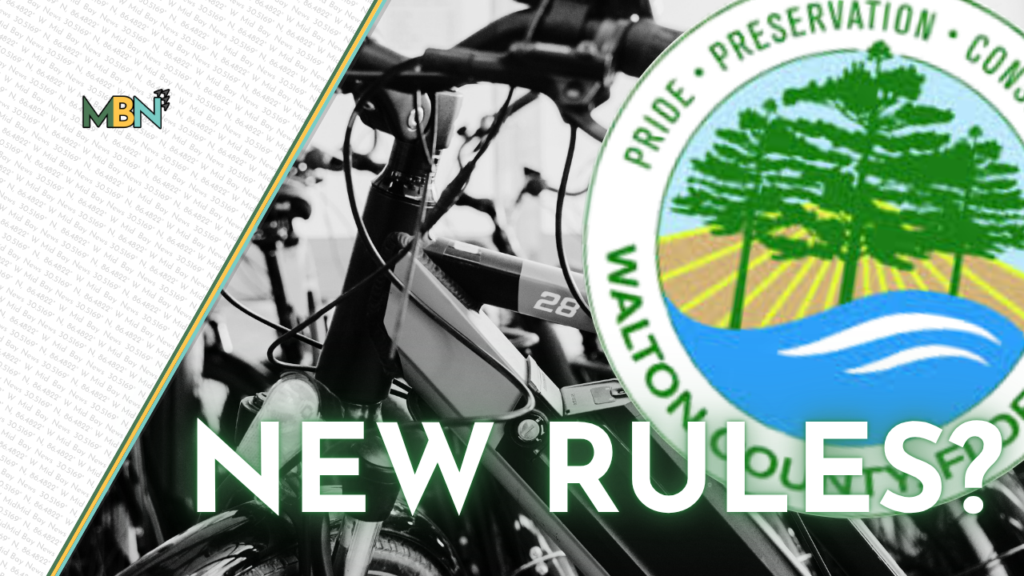 Bicycles with a bold 'NEW RULES?' overlay and an environmental seal on the right side, suggesting a rule or policy topic about bikes and conservation.