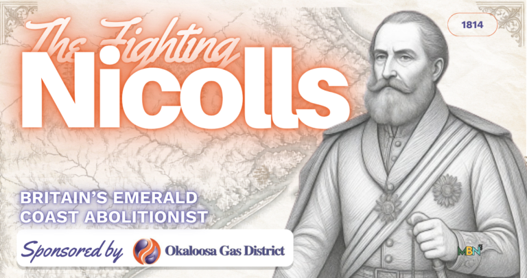 Promotional banner for 'The Fighting Nicolis' featuring a grayscale portrait of a 19th-century abolitionist and the sponsor Okaloosa Gas District.