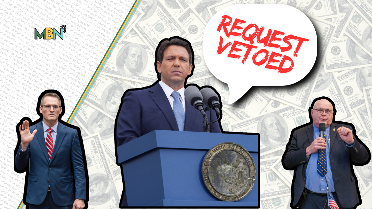 Collage of three men in suits around a blue podium, with a speech bubble saying 'REQUEST VETOED' over a money-pattern background.