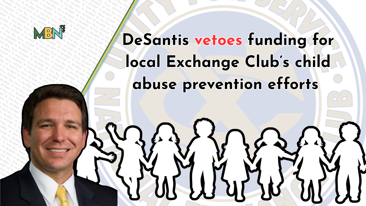 Collage with a smiling man in a suit on the left, a string of child silhouettes holding hands across the bottom, and a bold headline reading: 'DeSantis vetoes funding for local Exchange Club's child abuse prevention efforts' with 'MBN' logo in the top left and a circular blue emblem in the background.