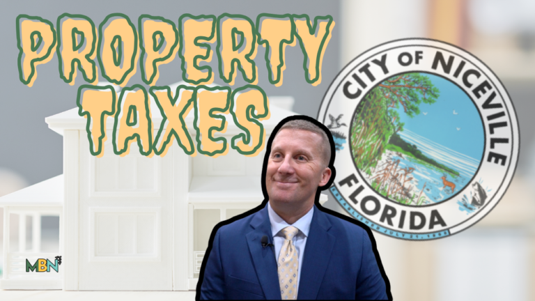 Video thumbnail about property taxes in Niceville, Florida: suited man beside a toy house with bold 'PROPERTY TAXES' text and the city seal.
