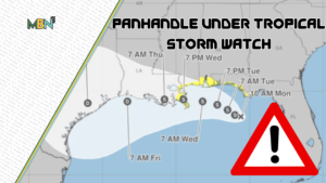 News thumbnail showing Gulf Coast map with 'Panhandle Under Tropical Storm Watch' and forecast times, plus a red warning triangle overlay.