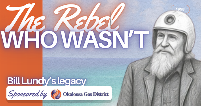 Header banner for 'The Rebel Who Wasn’t' promoting Bill Lundy’s legacy with sponsor Okaloosa Gas District; illustration of a bearded man in a helmet against a blue-orange gradient ocean backdrop.