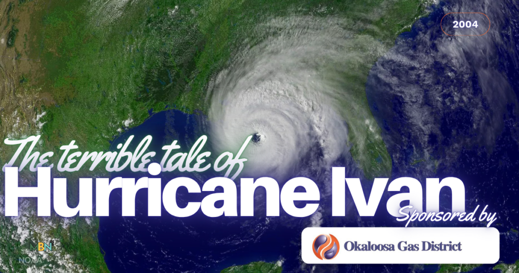 Satellite image of Hurricane Ivan over the Gulf of Mexico with bold 'Hurricane Ivan' text and 'The terrible tale of' script; 2004 badge in the corner; sponsor logo bottom right.