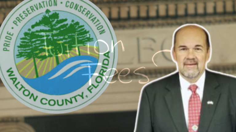 Montage of Walton County, Florida seal on the left and a man in a suit on the right, suggesting a local government or official context.