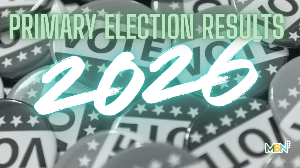 Graphic announcing 'PRIMARY ELECTION RESULTS 2020' over a background of ballots with a teal 2020 brush-stroke and a small logo bottom right.
