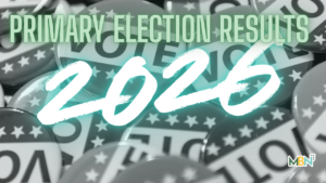 Graphic announcing 'PRIMARY ELECTION RESULTS 2020' over a background of ballots with a teal 2020 brush-stroke and a small logo bottom right.