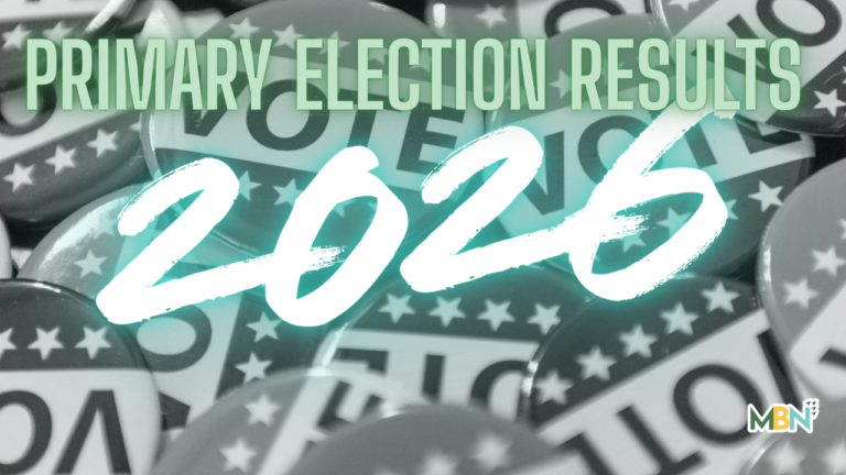 Graphic announcing 'PRIMARY ELECTION RESULTS 2020' over a background of ballots with a teal 2020 brush-stroke and a small logo bottom right.