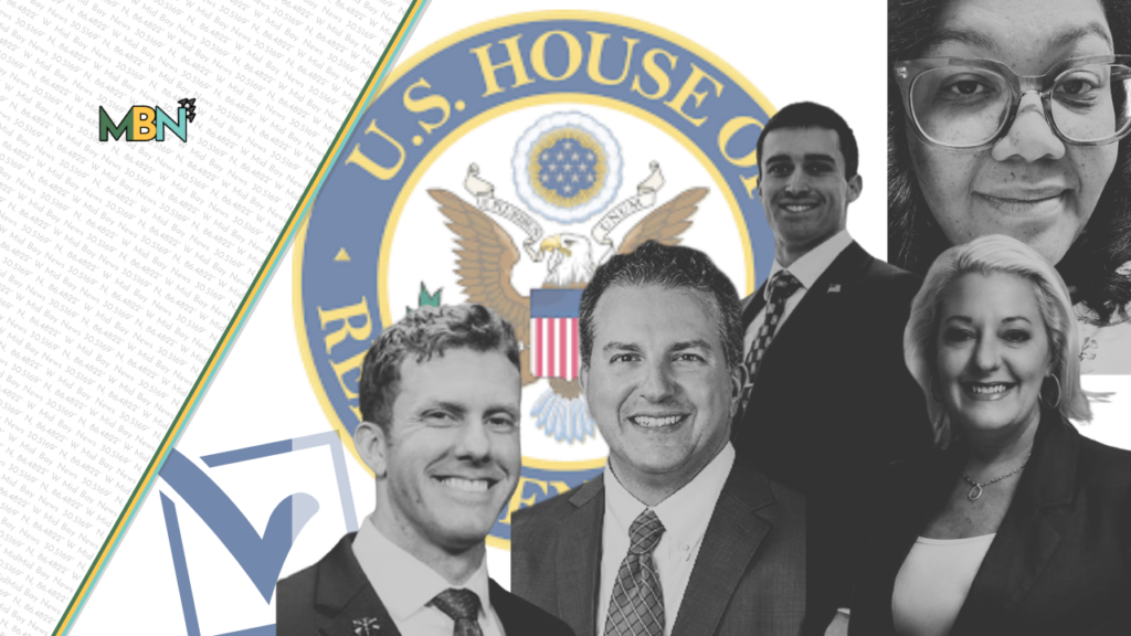 Collage featuring the U.S. House of Representatives seal surrounded by grayscale portraits of five politicians and a diagonal striped accent.