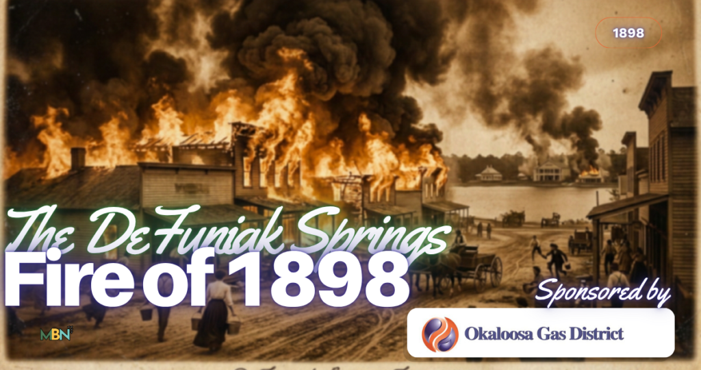 Historical photo banner about the 1898 Fire of DeFuniak Springs, with bold title text and sponsor logo at the bottom right.
