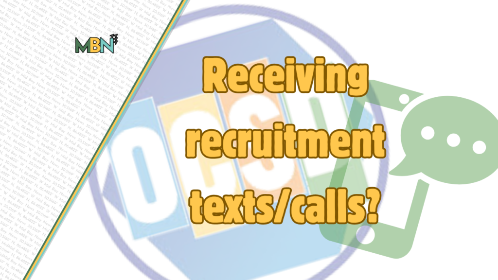 Question graphic asking if you’re receiving recruitment texts or calls, with colorful letters and chat bubble motif.