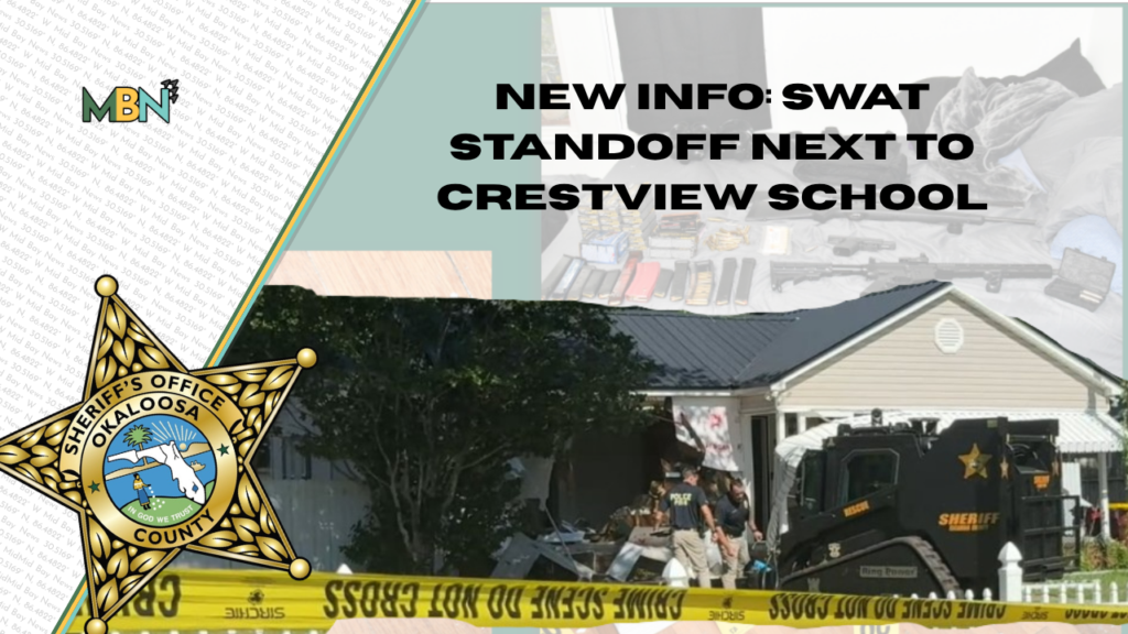 News banner about a SWAT standoff near Crestview School, featuring a sheriff badge, armored vehicle, and police tape in a collage style.