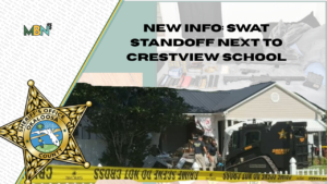 News banner about a SWAT standoff near Crestview School, featuring a sheriff badge, armored vehicle, and police tape in a collage style.