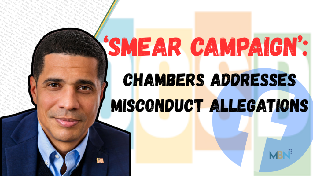 News thumbnail: portrait of a man in a blue suit beside bold red headline about a smear campaign and misconduct allegations.