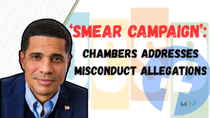 News thumbnail: portrait of a man in a blue suit beside bold red headline about a smear campaign and misconduct allegations.