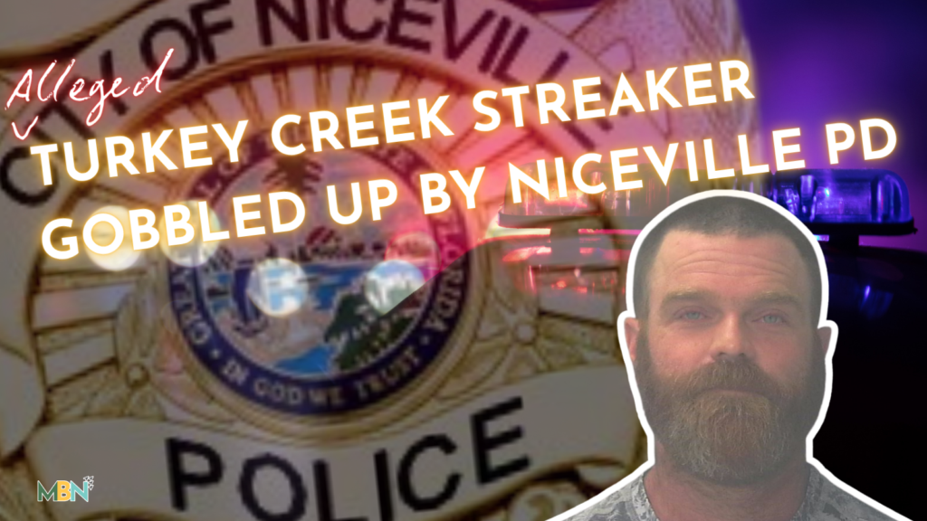 News thumbnail about an alleged Turkey Creek streaker captured by Nicville PD, showing a bearded man and a police badge.