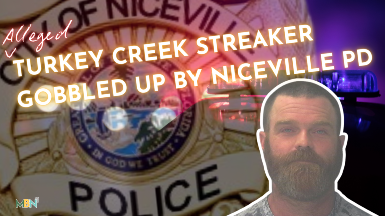News thumbnail about an alleged Turkey Creek streaker captured by Nicville PD, showing a bearded man and a police badge.