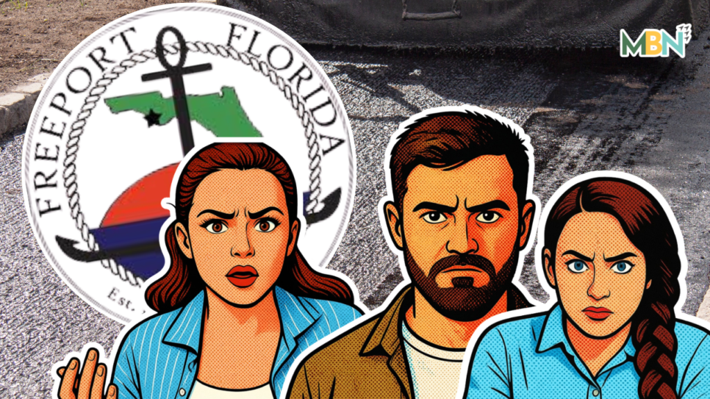 Cartoon three people (two women, one man) with worried expressions in front of a large circular emblem and a road background, plus an MBN logo in the corner.