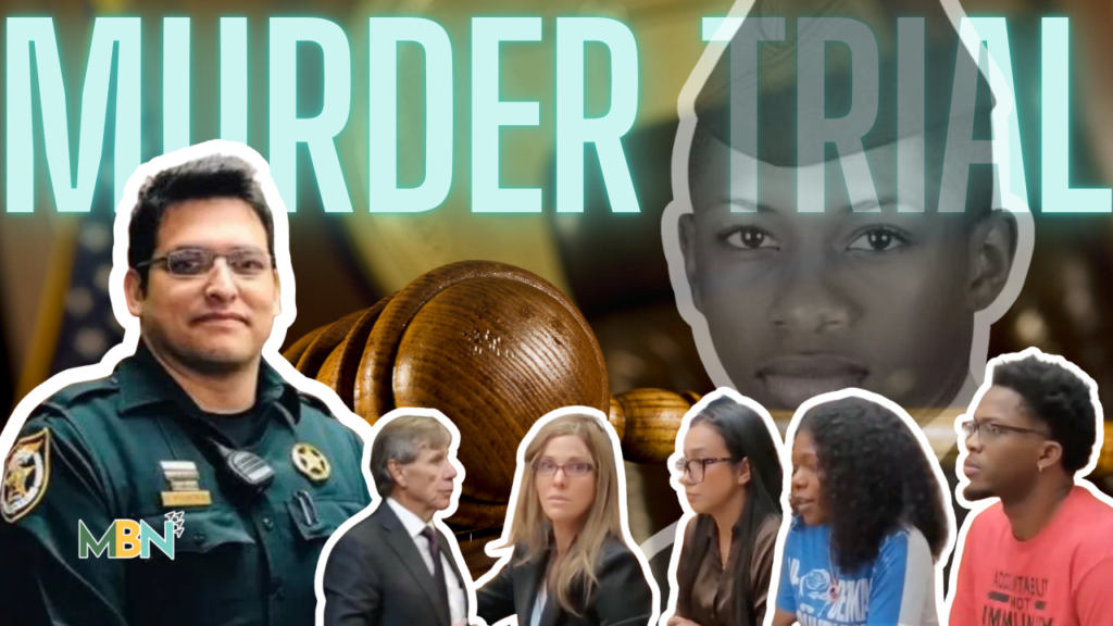 Murder trial collage with a gavel, officer, lawyers, and a large portrait of a young man under bold 'MURDER TRIAL' text.
